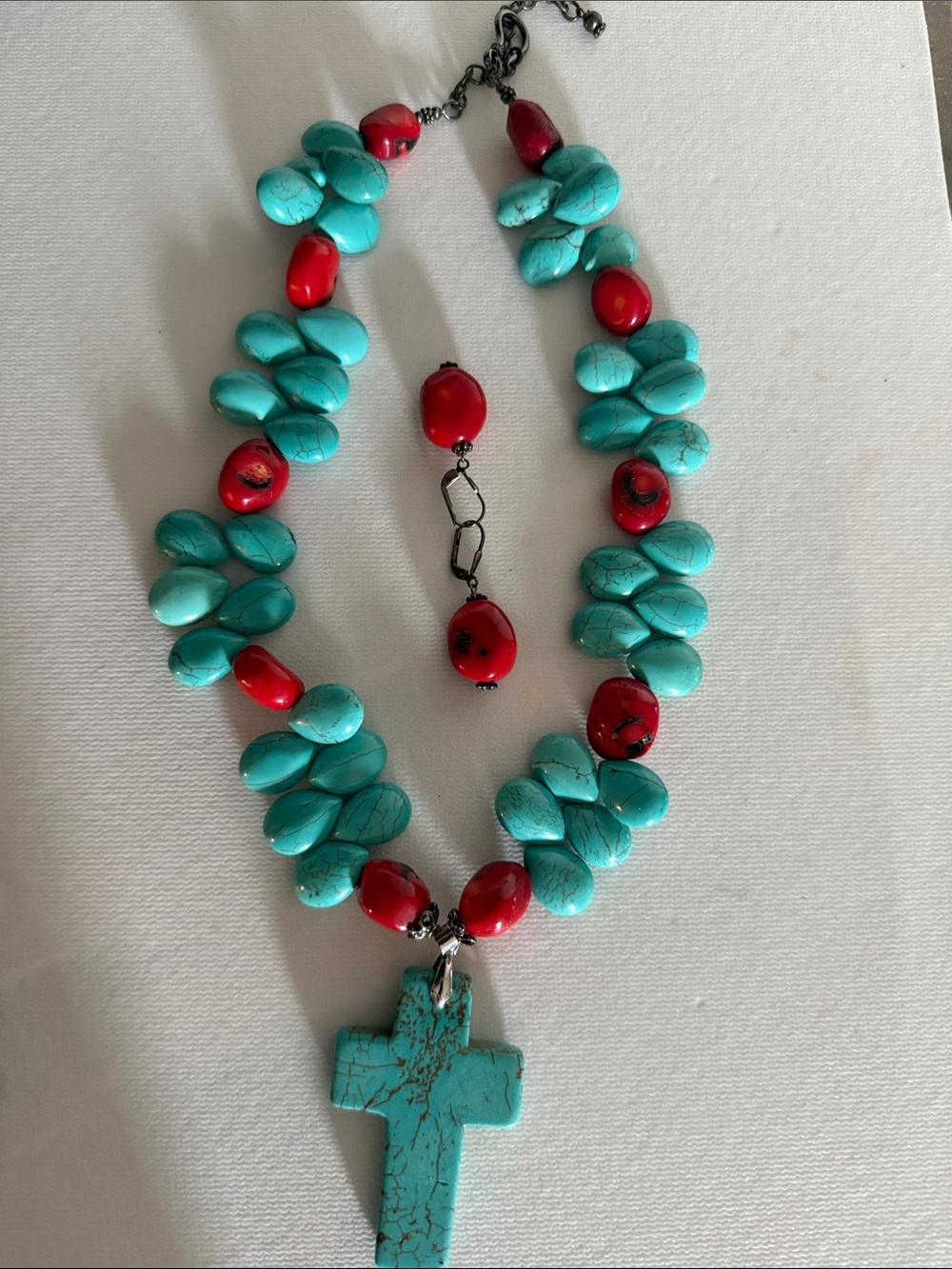 Turquoise & Red Beaded Cross Necklace - Statement Women’s Jewelry